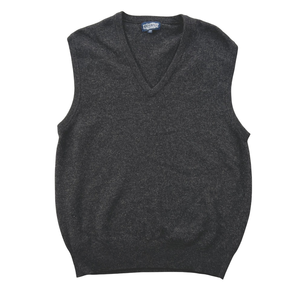 Vintage Lands End Sweater Vest Mens L Gray Lambswool V-Neck England Academia Ivy